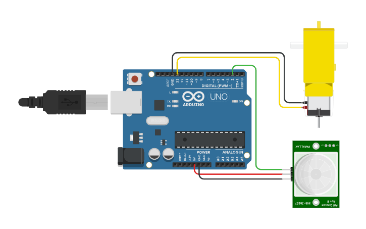 Circuit design PIR Sensor to Gearmotor | Tinkercad