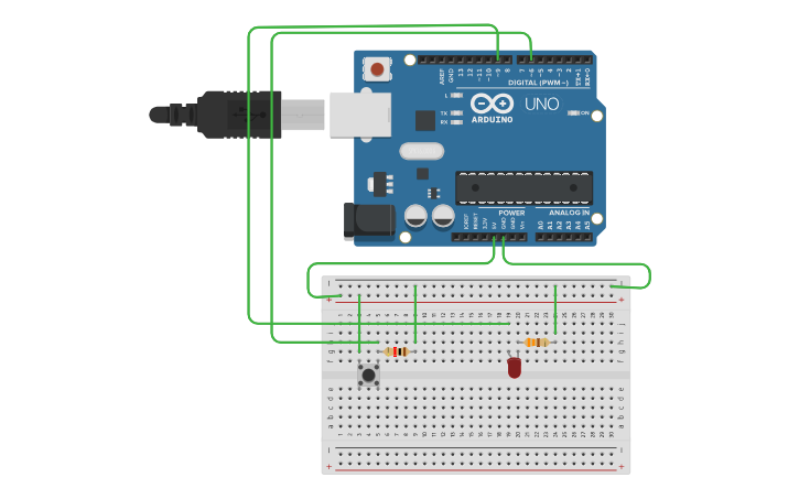 Circuit design Push Button Controlled LED - Tinkercad