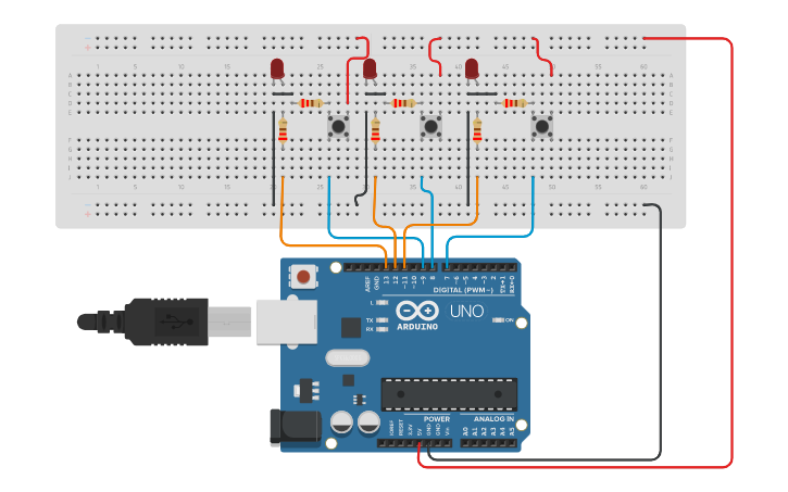 Circuit design led con 3 pulsadores - Tinkercad