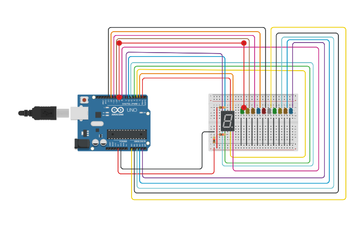 Circuit design LED blinking with Seven Segment Display Pattern - Tinkercad