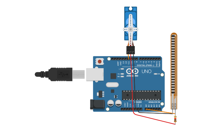 Circuit design controlong servo using flex sensor | Tinkercad