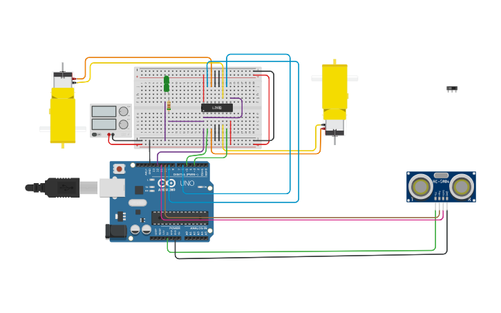 Circuit design L293D+Arduino+2 DC + 2 leds+ Ultrasónico | Tinkercad