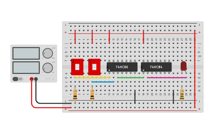 Circuit design X-NOR (XOR + ONT) - Tinkercad