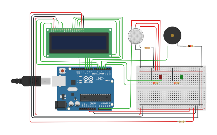 Circuit design Gas Detection alarm system with arduino - Tinkercad