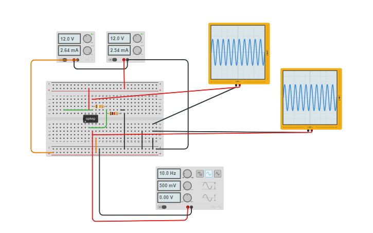 Circuit design Nichtinvertierender OPV Oszilloskopmessungen | Tinkercad