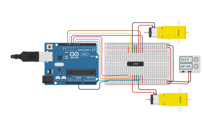 Circuit design controlling DC motors using h bridge l298 | Tinkercad