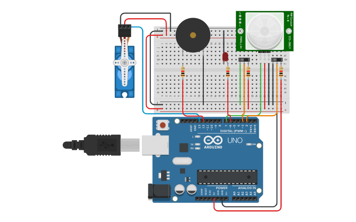 Circuit design Actividad 6 - Sensor PIR y Servomotor | Tinkercad