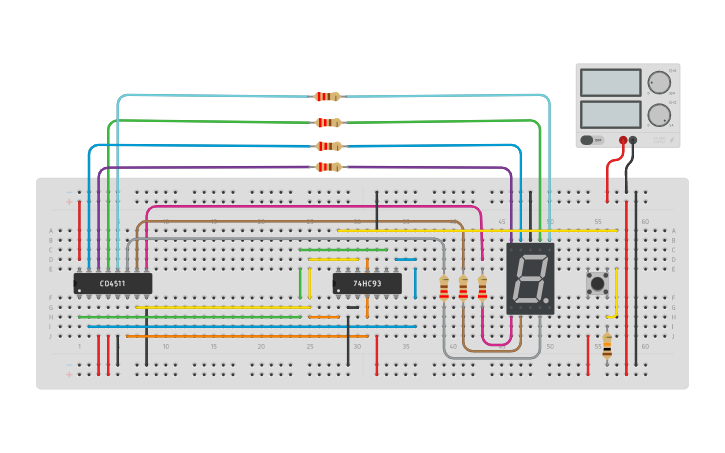 Circuit design 7 Segment LED with contr74hc93 and cd4511 - Tinkercad