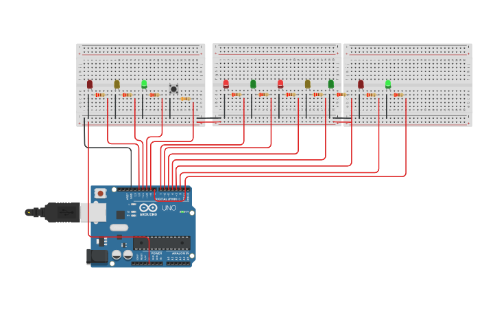 Circuit design Semáforo com botão - Tinkercad