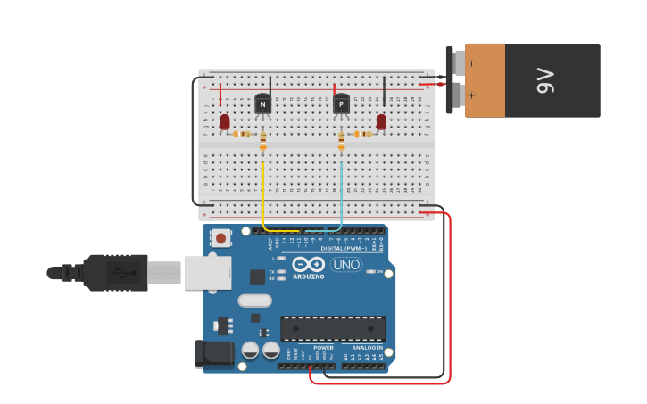 Circuit design NPN and PNP transistors as switches with arduino - Tinkercad