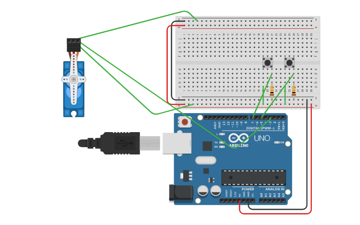 Circuit design Servo motor back and forth button - Tinkercad