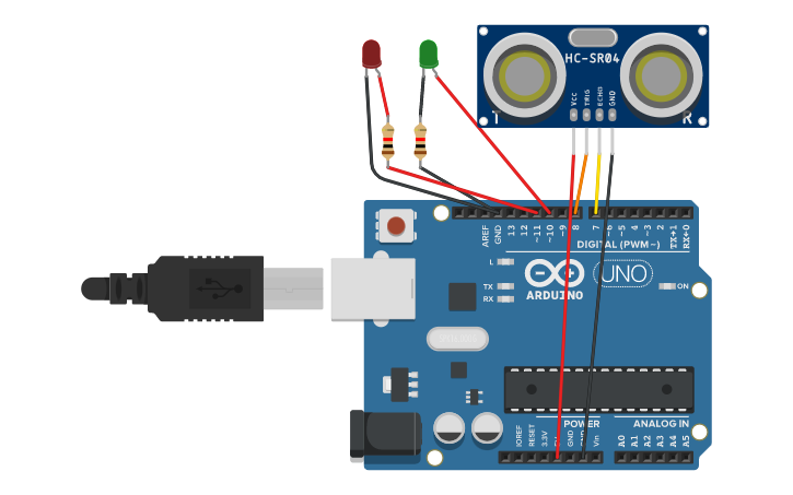Circuit design Ultra sonic sensor project - Tinkercad