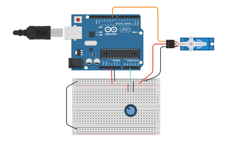 Circuit design Lab 12-3 Control Servo with Potentiometer | Tinkercad