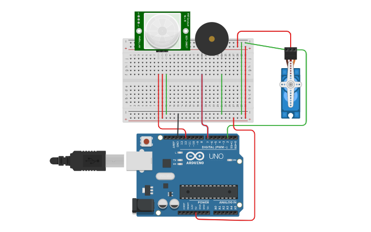 Circuit design Arduino_sensorPIR_Alarma_Servomotor | Tinkercad