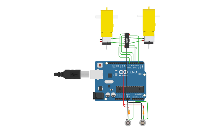 Circuit design Simulasi Robot Line Follower 2 Sensor Photodiode - Tinkercad