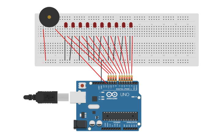 Circuit design One second Tone & flashing runing lights - Tinkercad