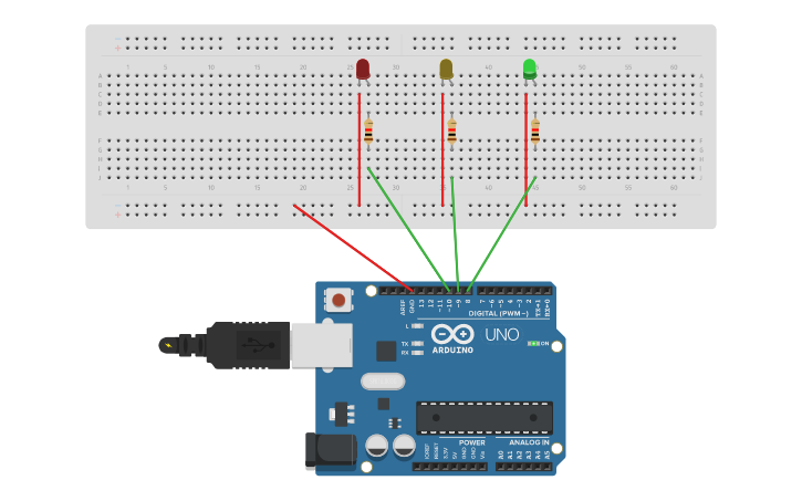 Circuit design Arduino traffic lights - Tinkercad