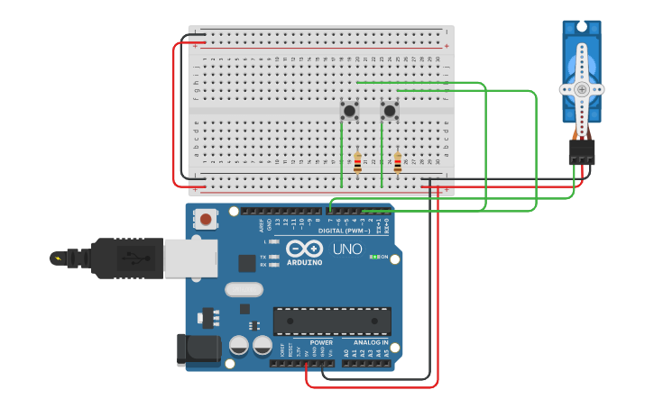 Circuit design Сервомотор(Плавное движение нажатием кнопки) - Tinkercad