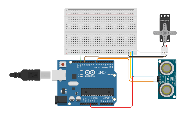 Circuit design Servo motor + Sensor ultrasonico - Tinkercad