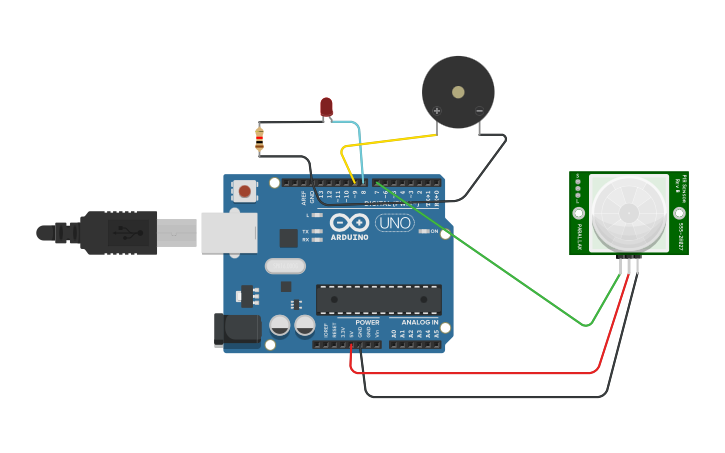 Circuit design Security system using PIR sensor - Tinkercad