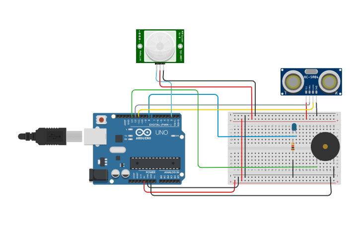 Circuit design Ultrasonic & PIR Sensor, Piezzo Buzzer & LED | Tinkercad