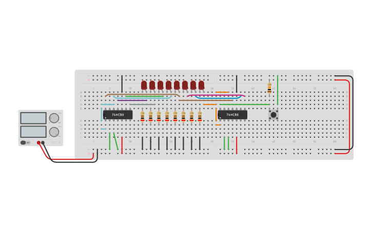 Circuit design 8 bit counter with 74HC93 - Tinkercad