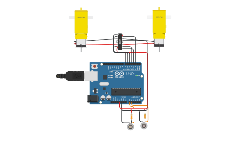 Circuit design simulasi robot line follower - Tinkercad