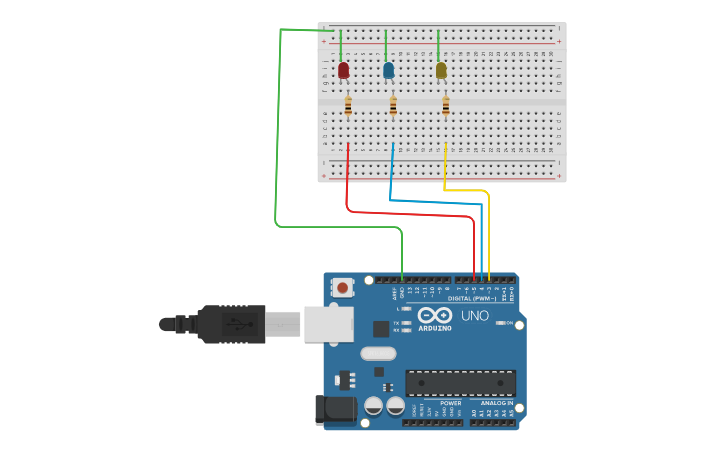 Circuit design Blinking 3 LEDs one after another using Arduino. - Tinkercad