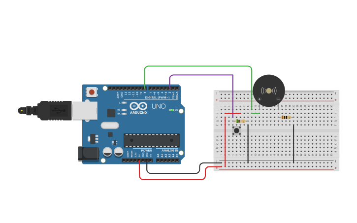 Circuit design Push button and Buzzer - Tinkercad image.