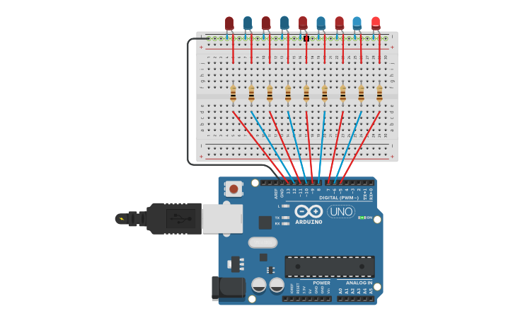 Circuit design Arduino LED Light Show - Tinkercad