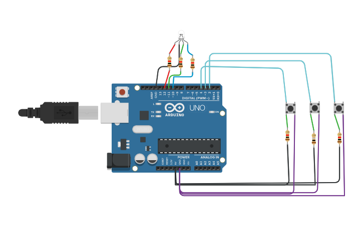 Circuit design Interface a switch and rgb led | Tinkercad