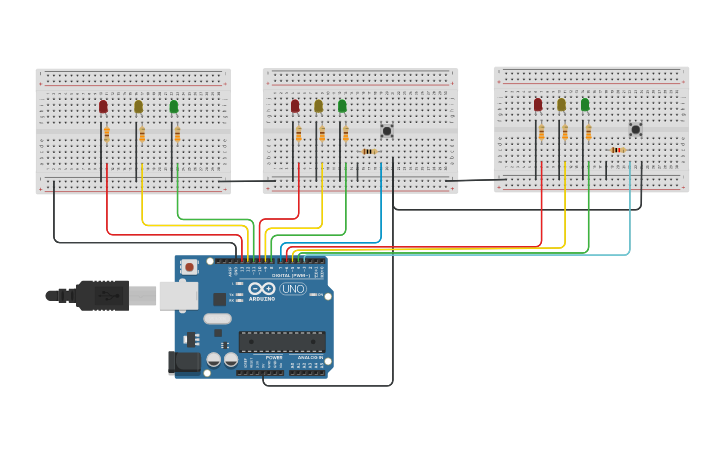 Circuit design Semaforo triplo con due pulsanti - Tinkercad