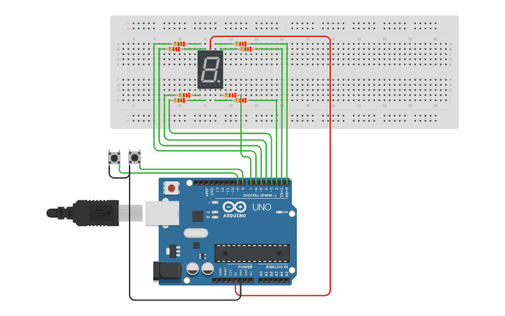 Circuit design 1.7 segment display with button(INT) - Tinkercad