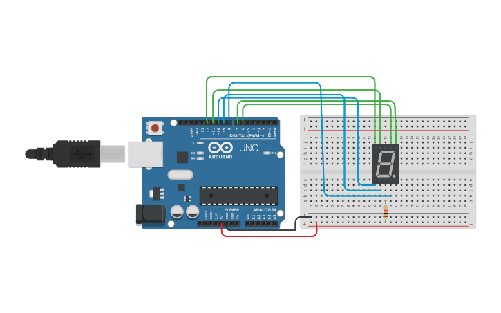 Circuit design 0 to 9 on 7 segment display. - Tinkercad