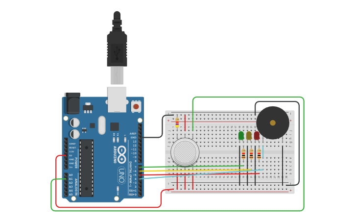 Circuit design project Fire alarm - Tinkercad image.