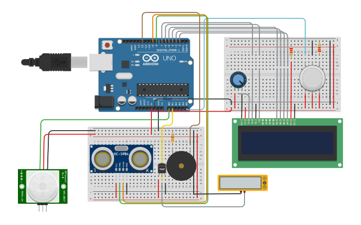 Circuit design Smart Home Security System with sensors - Tinkercad