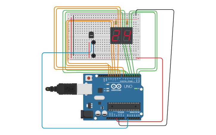 Circuit design Temp ON 7 segment - Tinkercad