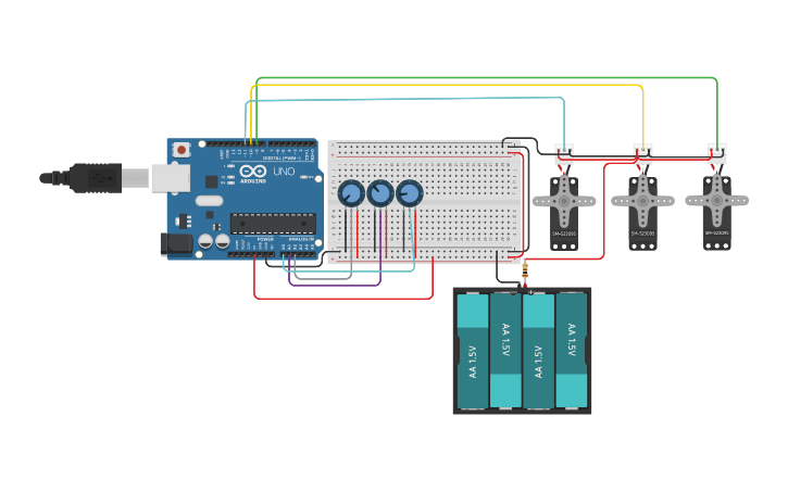 Circuit design Controlando 3 servos com arduino e potenciômetro ...