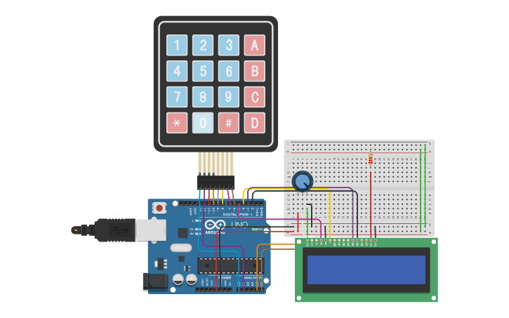 Circuit design interfacing keypad with LCD - Tinkercad
