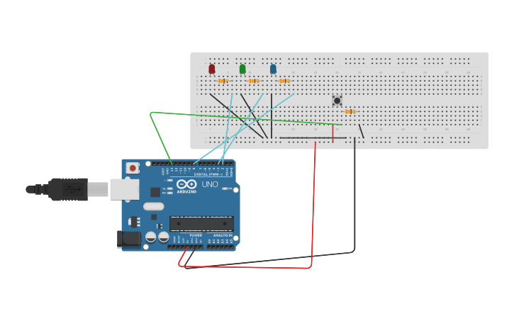 Circuit design 3 LEDs with push button - Tinkercad