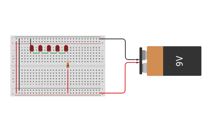 Circuit design 5 LED in series - Tinkercad