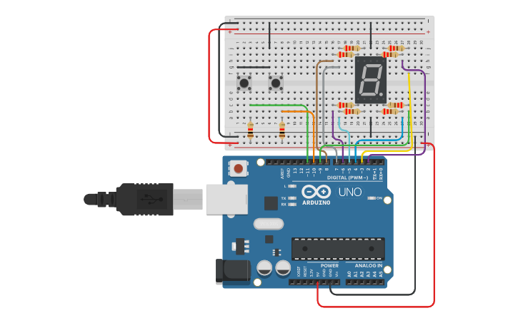 Circuit design Pulsadores con 7 segmentos - Tinkercad