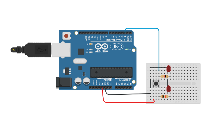 Circuit design arduino push button led - Tinkercad
