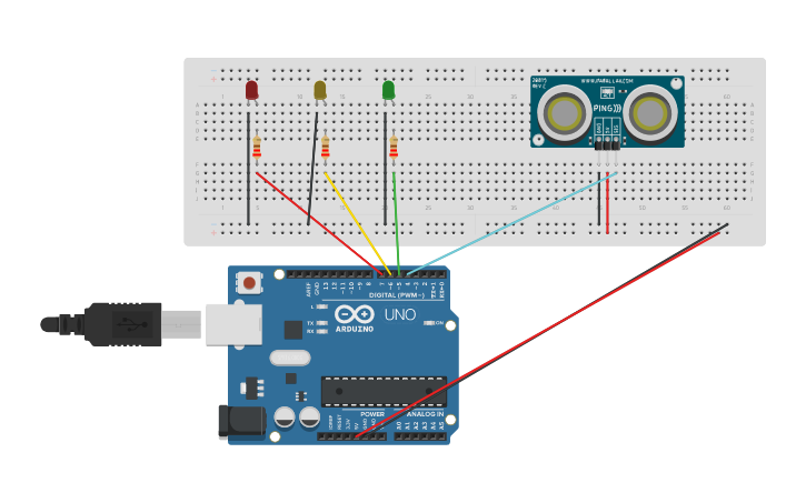 Circuit design Práctica 12 - Sensor de aparcamiento con luz y sonido ...