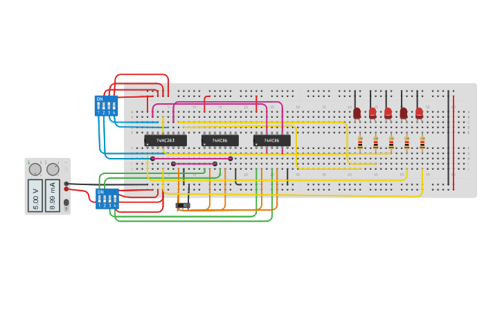 Circuit design 4-Bit Binary Adder/Subtractor - Tinkercad